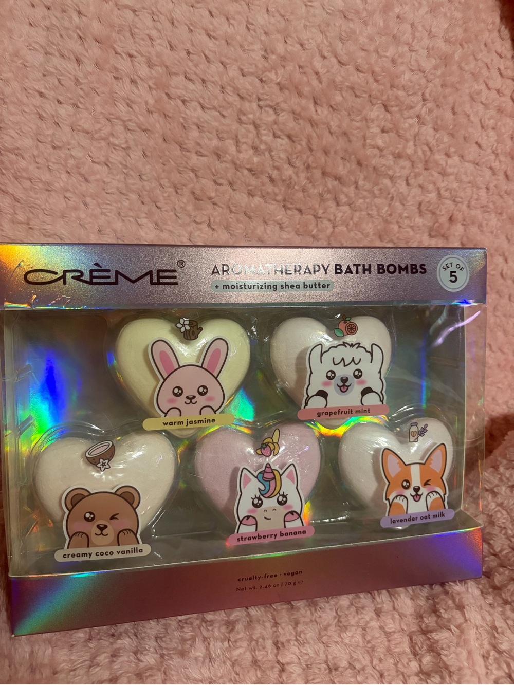 CRÈME Aromatherapy Bath Bombs Set of 5 Heart Animal Vegan Jasmine Grapefruit